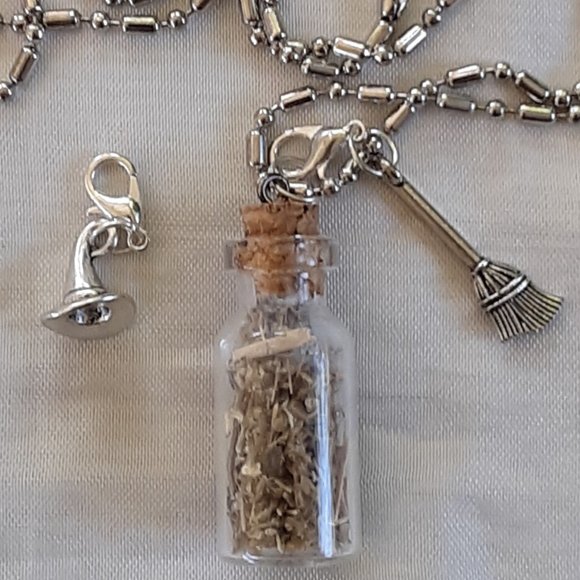 Audi Lee Jewelry - COPY- Wormwood Glass Bottle Necklace 3D Witch Hat Broom Zipper Pulls Handmade
